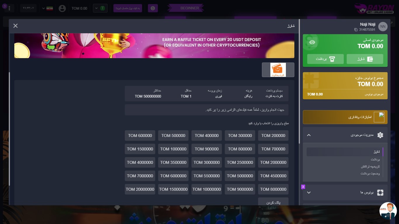 شارژ حساب در سایت Bet Rayon